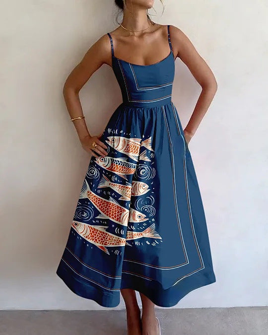LORENZA – Abito Midi con Spalline e Stampa Marina