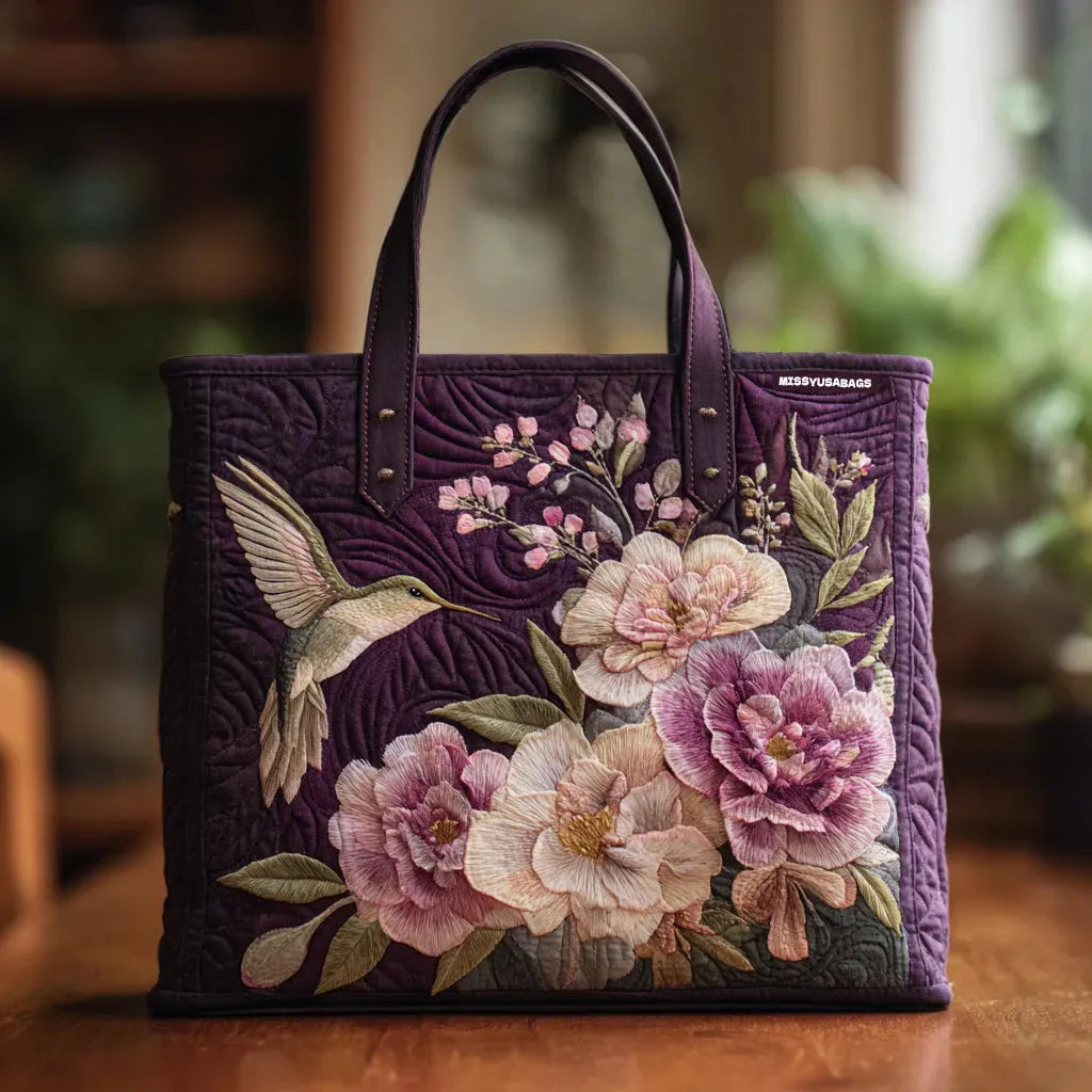 Borsa™ Imbottita Artigianale Viola con Colibrì e Orchidee