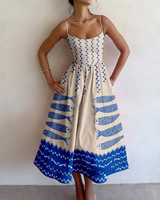 ALLEGRA – Abito Midi con Stampa Blu Artistica