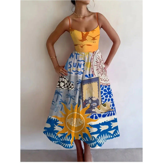 CAMILLA – Abito Midi con Spalline e Stampa Decorativa