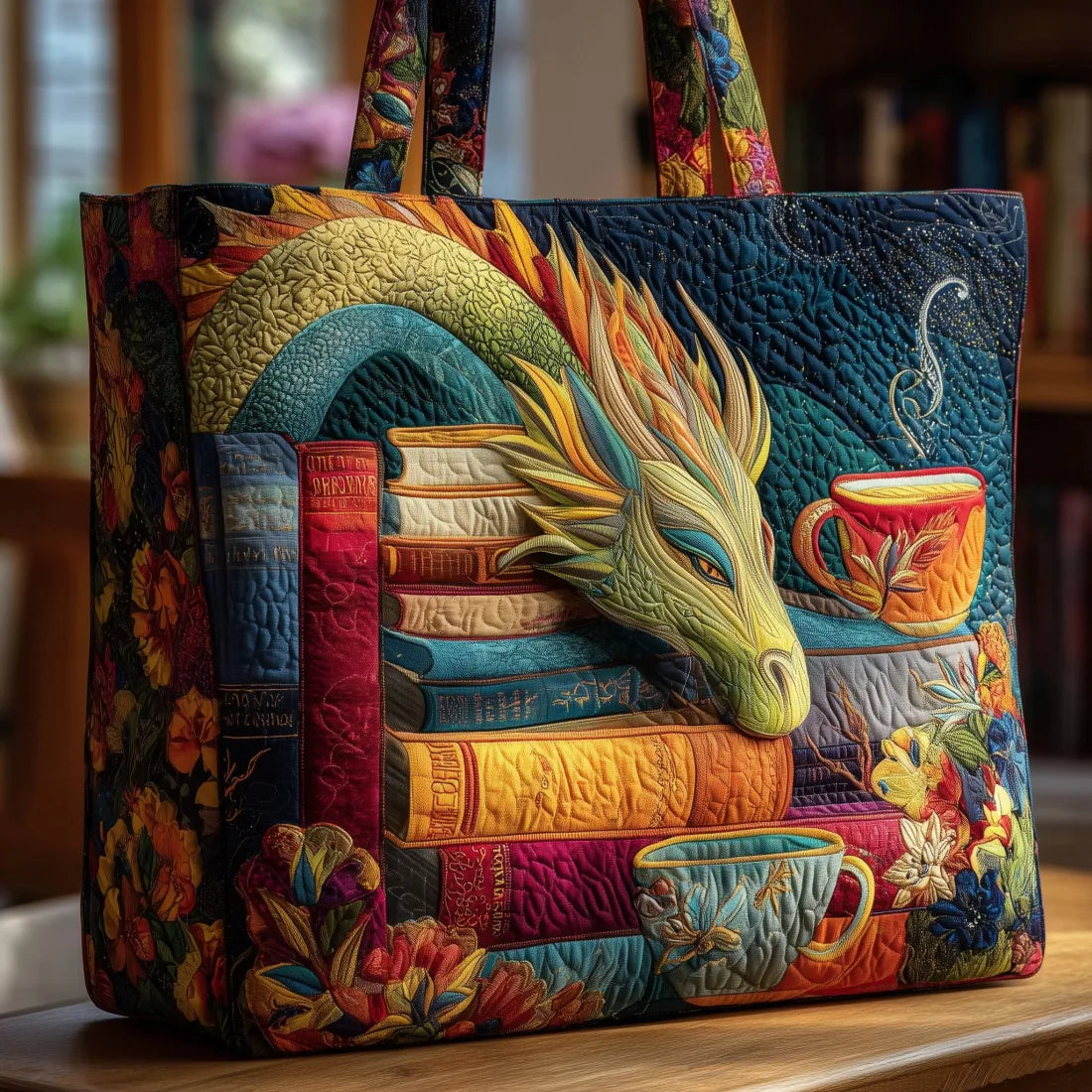 Borsa™ a Spalla Artigianale Drago con Libri e Tazze