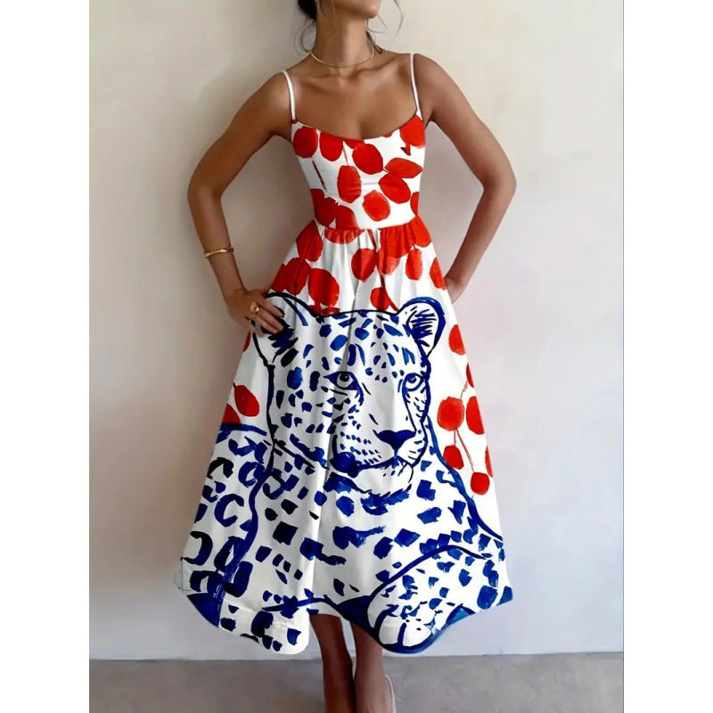 LAVINIA – Abito Midi con Spalline e Stampa Artistica