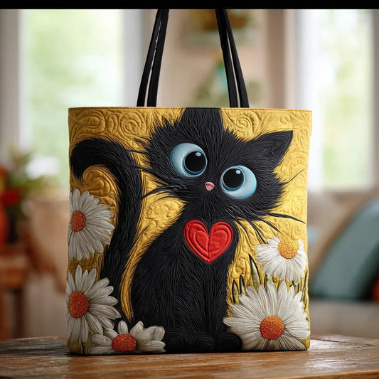 Borsa™ Artigianale Gatto Nero con Cuore e Margherite
