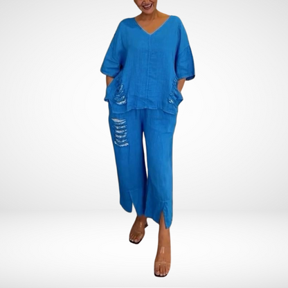 Briella™ Elegant Two-Piece Summer Set | V-Neck Top and Wide-Leg Pants