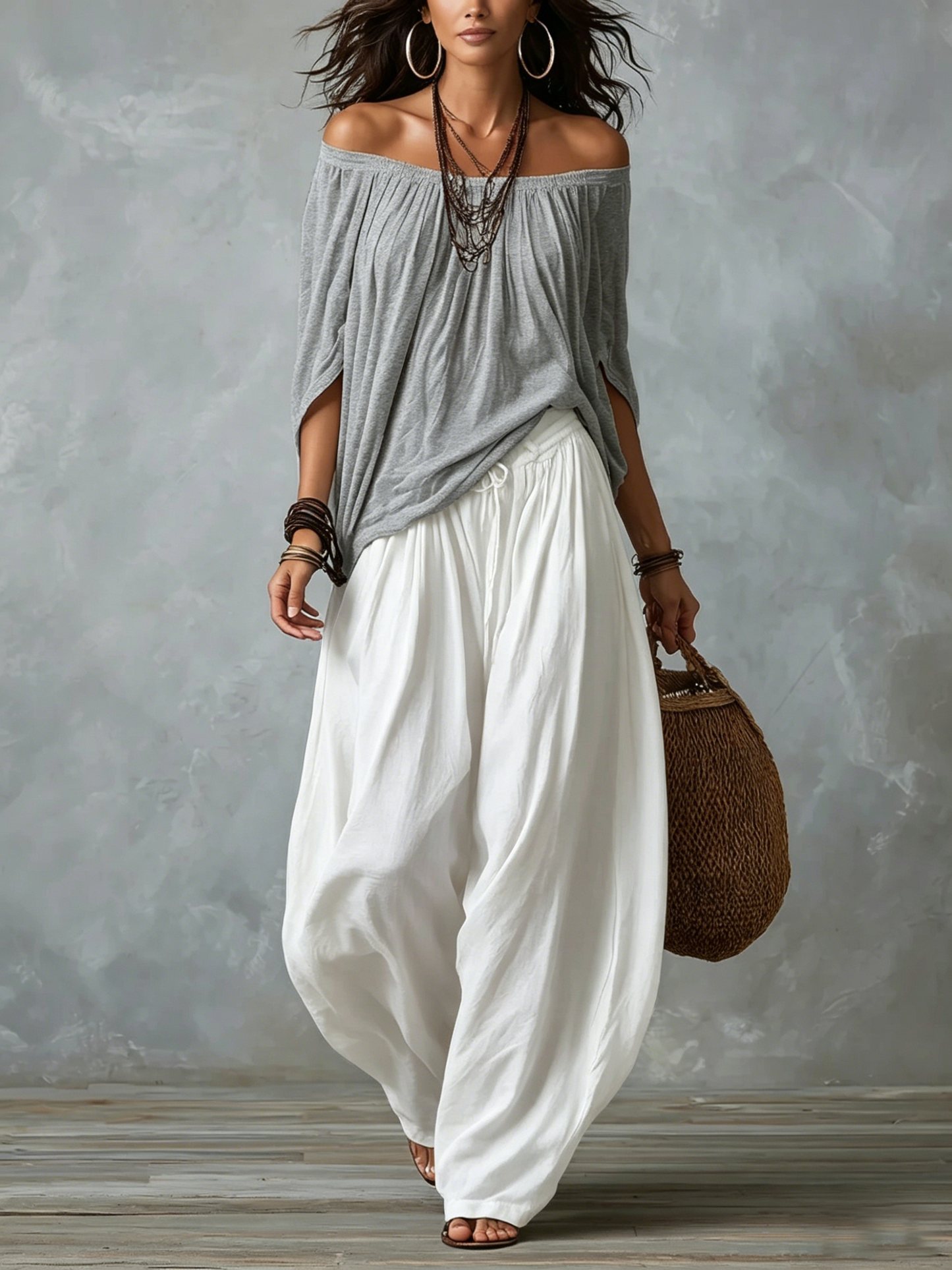 LUCILLA – Completo Bohémien con Blusa Off-Shoulder e Pantalone a Lanterna