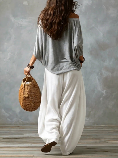 LUCILLA – Completo Bohémien con Blusa Off-Shoulder e Pantalone a Lanterna