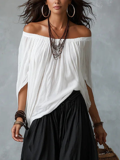 LUCILLA – Completo Bohémien con Blusa Off-Shoulder e Pantalone a Lanterna