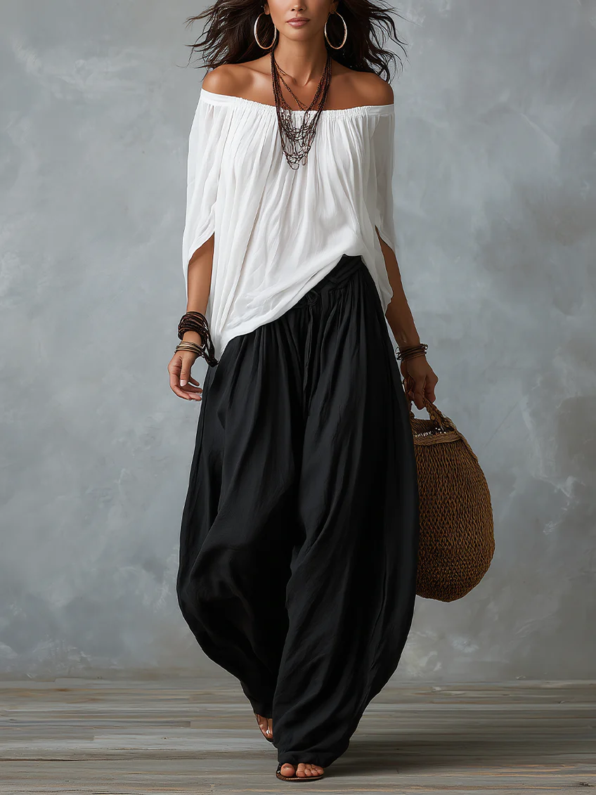 LUCILLA – Completo Bohémien con Blusa Off-Shoulder e Pantalone a Lanterna
