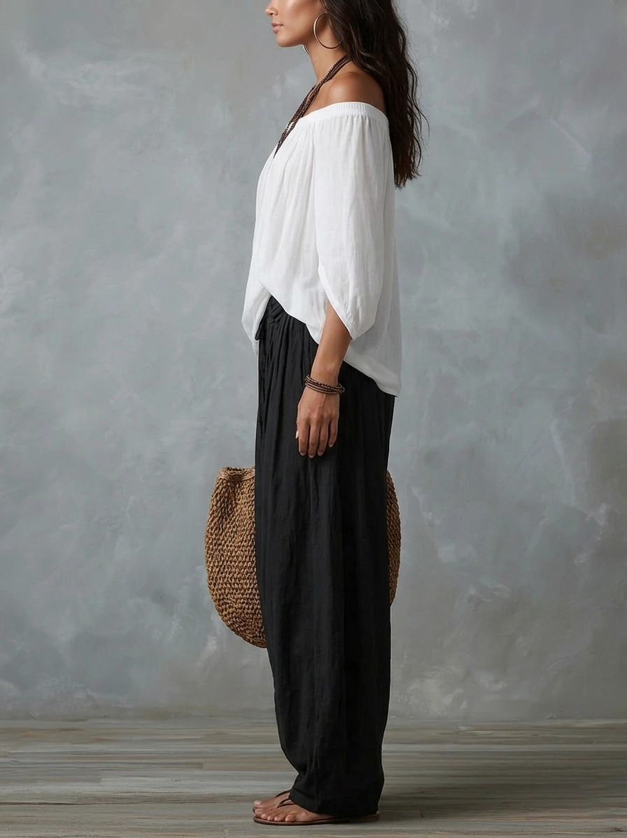LUCILLA – Completo Bohémien con Blusa Off-Shoulder e Pantalone a Lanterna