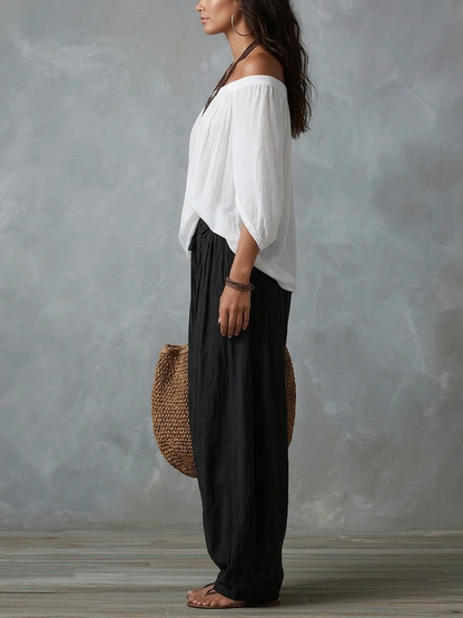 LUCILLA – Completo Bohémien con Blusa Off-Shoulder e Pantalone a Lanterna
